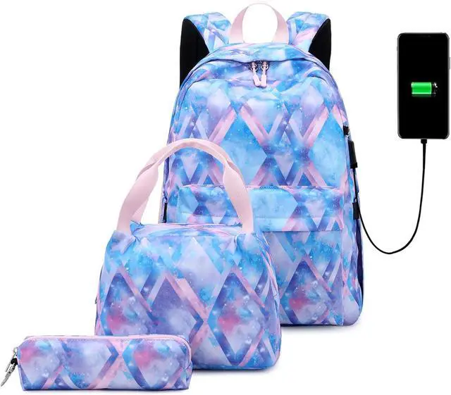 Alt view image 4 of 7 - Kids Backpack For Girls Teen,3Pcs Set Cute elementary school Bag, 15.6in Laptop Daypack Bookbags With USB Charging Port(Blue)