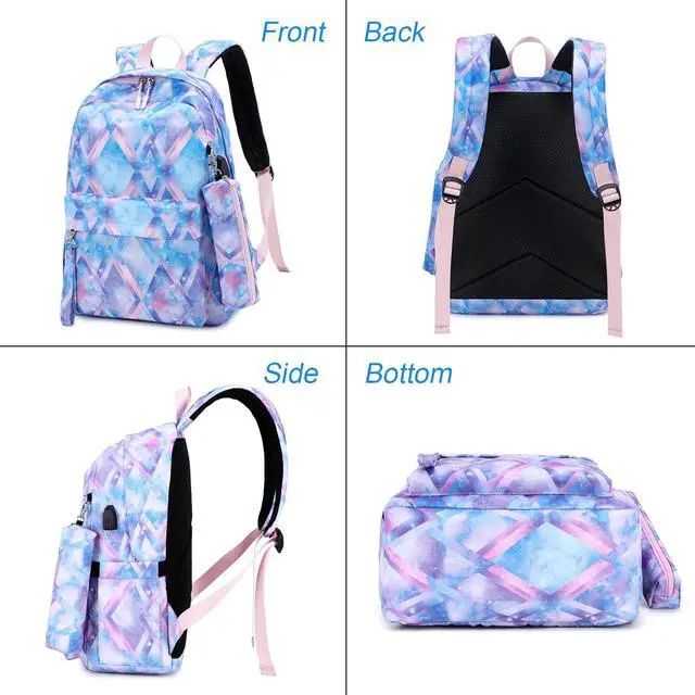 Alt view image 7 of 7 - Kids Backpack For Girls Teen,3Pcs Set Cute elementary school Bag, 15.6in Laptop Daypack Bookbags With USB Charging Port(Blue)
