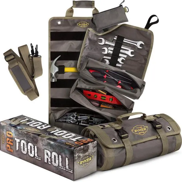 Main image of The Ryker PRO Official Roll Up Tool Bag Organizer Gifts for Dad. Motorcycle Tool Bag Organizer for Mechanic & Tools Storage Toolbag Tools Bags Mens gifts for him - w/4 Detachable Pouches & Wrench Roll