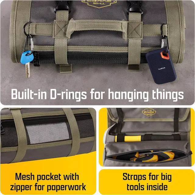 Alt view image 5 of 7 - The Ryker PRO Official Roll Up Tool Bag Organizer Gifts for Dad. Motorcycle Tool Bag Organizer for Mechanic & Tools Storage Toolbag Tools Bags Mens gifts for him - w/4 Detachable Pouches & Wrench Roll