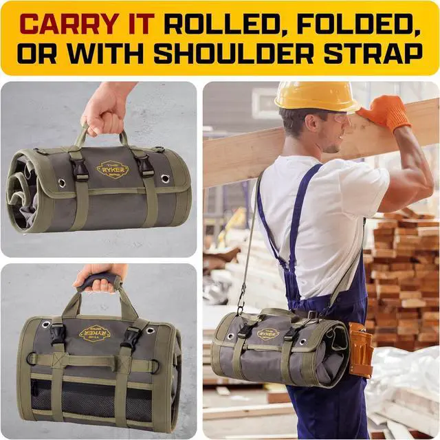 Alt view image 7 of 7 - The Ryker PRO Official Roll Up Tool Bag Organizer Gifts for Dad. Motorcycle Tool Bag Organizer for Mechanic & Tools Storage Toolbag Tools Bags Mens gifts for him - w/4 Detachable Pouches & Wrench Roll