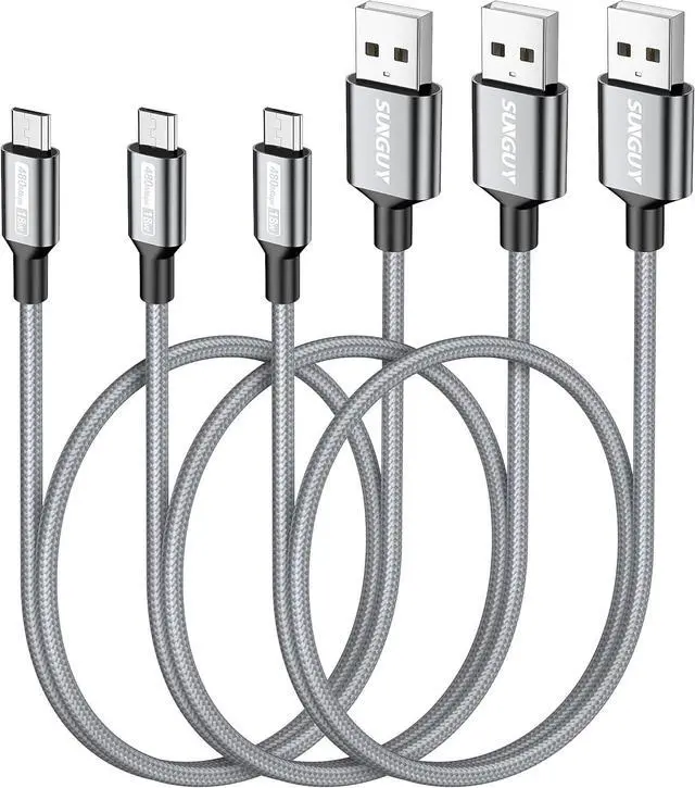 Main image of SUNGUY Short Micro USB Cable [3-Pack,1.5ft], Nylon Braided USB to Micro USB 2.0 Fast Charging & Data Sync Cord for Samsung Galaxy S6 S7, Tab 4, LG, Power Bank, Android Phone
