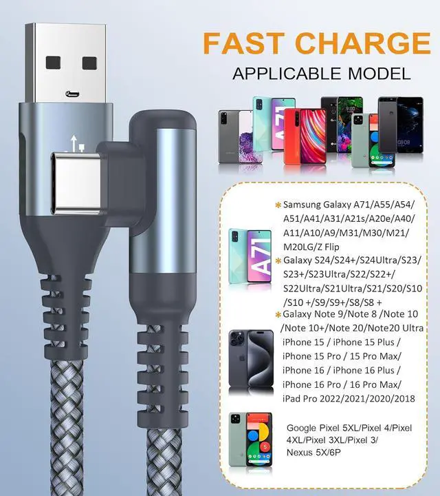 Alt view image 4 of 7 - sweguard USB Type C Charger Cable Right Angle [2-Pack,3.3FT] iPhone 16 Charger Braided Cord for iPhone 16 15 Pro Max Plus, Samsung Galaxy S25 S24 S23 S22 S21 S20 S10 S9 A15 Note Flip Pixel LG Moto PS5