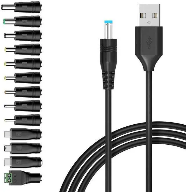 Main image of Belker Universal 5V DC 5.5 2.1mm Jack Charging Cable Power Cord, USB to DC Power Cable with 14 Interchangeable Plugs Connectors Adapters Compatible with 5V Devices Max Support 3A