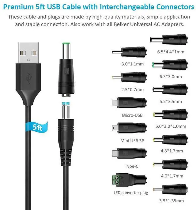 Alt view image 2 of 7 - Belker Universal 5V DC 5.5 2.1mm Jack Charging Cable Power Cord, USB to DC Power Cable with 14 Interchangeable Plugs Connectors Adapters Compatible with 5V Devices Max Support 3A