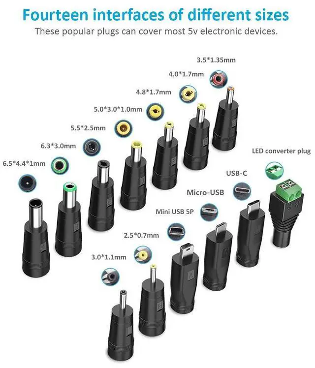 Alt view image 3 of 7 - Belker Universal 5V DC 5.5 2.1mm Jack Charging Cable Power Cord, USB to DC Power Cable with 14 Interchangeable Plugs Connectors Adapters Compatible with 5V Devices Max Support 3A