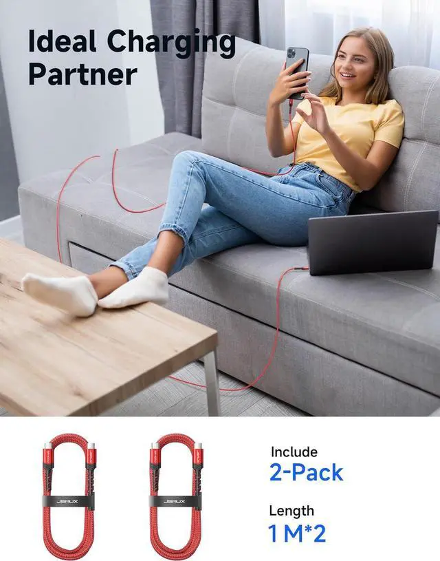 Alt view image 6 of 7 - JSAUX 100W USB C to USB C Cable (2-Pack, 3.3ft), USBC Type C Charge Cord 5A Fast Charging Compatible with Nintendo Switch 2 iPhone 16 Pro Max Samsung Galaxy S25 S24 MacBook iPad Air Pro Carplay -Red
