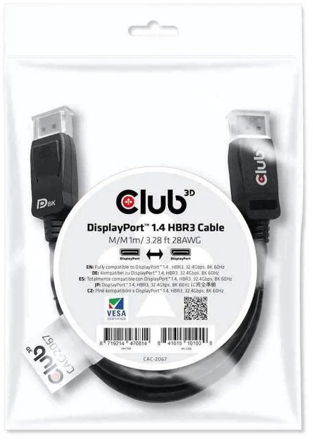 Alt view image 2 of 4 - Club3D CAC-2067 VESA Certified DisplayPort to DisplayPort 1.4/Hbr3 M/M Cable DP 1.4 8K 60Hz 1m - 3,28ft