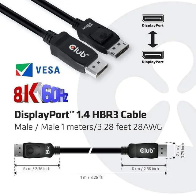 Alt view image 3 of 4 - Club3D CAC-2067 VESA Certified DisplayPort to DisplayPort 1.4/Hbr3 M/M Cable DP 1.4 8K 60Hz 1m - 3,28ft