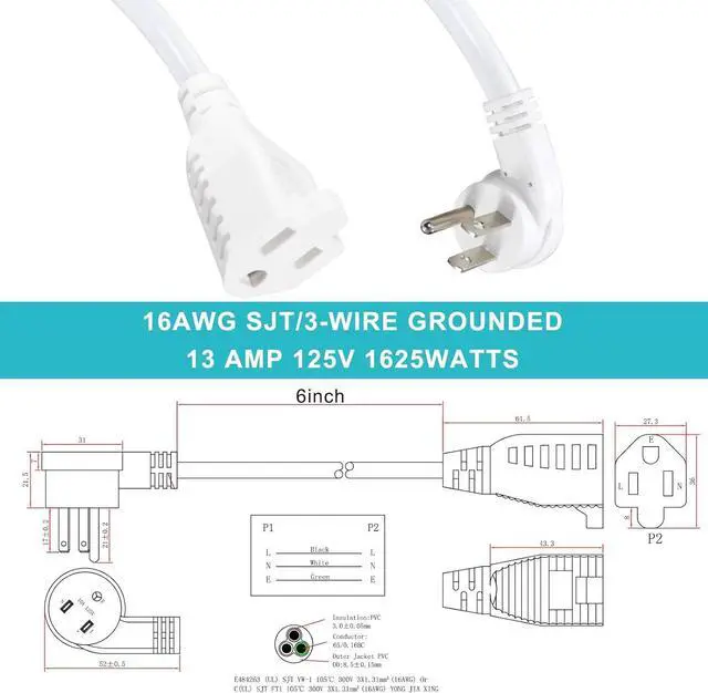 Alt view image 2 of 7 - [4 Pack] Flat Plug Short Power Extension Cord - 6inch White Low Profile Flat Head 3 Prong Grounded Indoor Extension Cord,16AWG 13amp Household Appliance Electrical Extension Cord with Flat Wall Plug