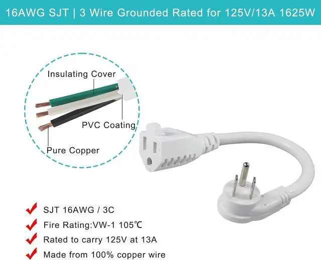 Alt view image 5 of 7 - [4 Pack] Flat Plug Short Power Extension Cord - 6inch White Low Profile Flat Head 3 Prong Grounded Indoor Extension Cord,16AWG 13amp Household Appliance Electrical Extension Cord with Flat Wall Plug