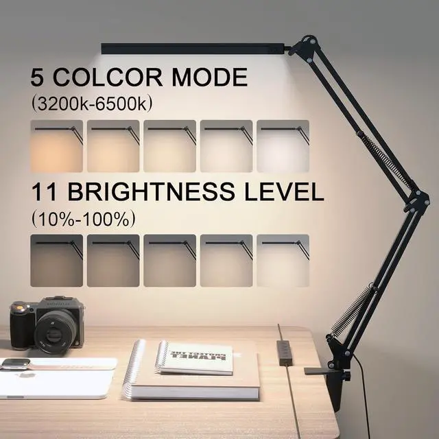 Alt view image 2 of 7 - LED Desk Lamp for Home Office, Clamp-On with 5 Light Modes & Auto Shut Off | 14W Adjustable Brightness 5000K Eye-Caring Lighting for Study/Bedroom/Computer Desk
