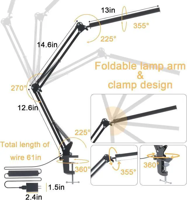 Alt view image 4 of 7 - LED Desk Lamp for Home Office, Clamp-On with 5 Light Modes & Auto Shut Off | 14W Adjustable Brightness 5000K Eye-Caring Lighting for Study/Bedroom/Computer Desk