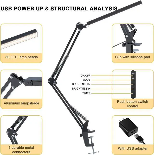 Alt view image 5 of 7 - LED Desk Lamp for Home Office, Clamp-On with 5 Light Modes & Auto Shut Off | 14W Adjustable Brightness 5000K Eye-Caring Lighting for Study/Bedroom/Computer Desk