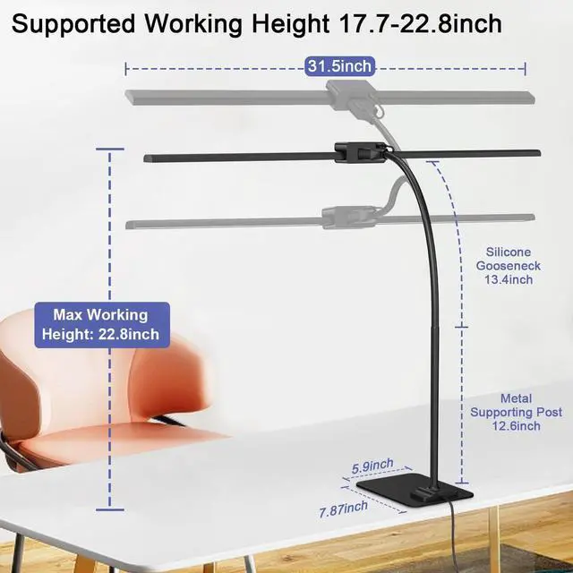 Alt view image 2 of 7 - EppieBasic Led Desk Lamp,24W 31.5IN Architect Double Head Desk Lamps for Home Office,Dimmable & 6 Color Modes Extra Bright Modern Table lamp with Base,Overhead Computer Lighting for Workbench Monitor