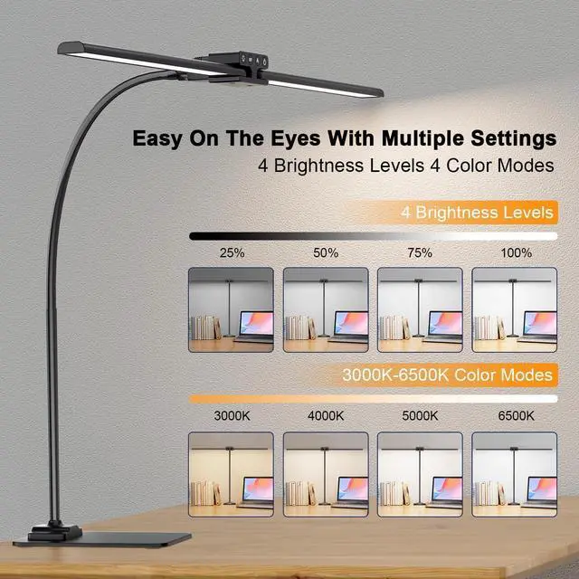Alt view image 4 of 7 - EppieBasic Led Desk Lamp,24W 31.5IN Architect Double Head Desk Lamps for Home Office,Dimmable & 6 Color Modes Extra Bright Modern Table lamp with Base,Overhead Computer Lighting for Workbench Monitor