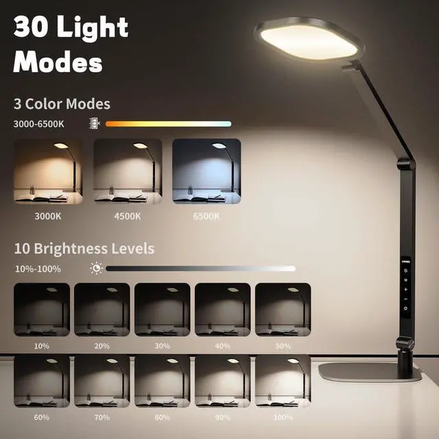 Alt view image 3 of 7 - LED Desk Lamp for Home Office, Desk Light for Video Call, 3 Color Temperature 10 Brightness Computer Light, Dimmable Led Desk Light with Memory & Timer Func, Metal Swing Arm Architect Desk Lamp