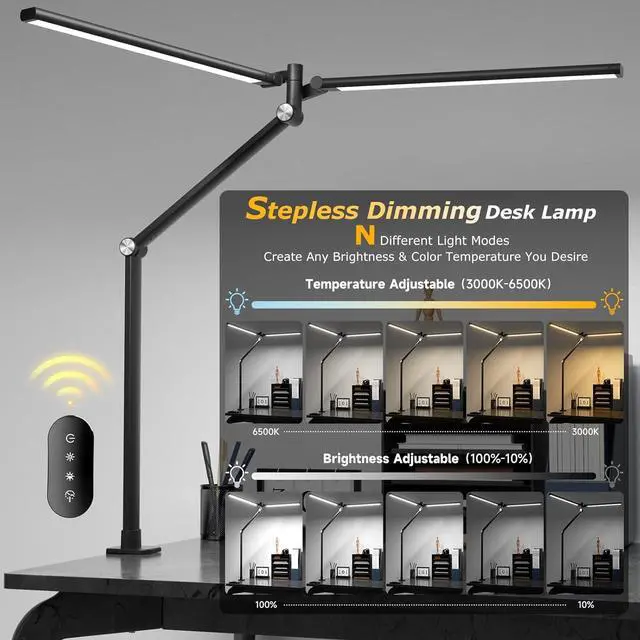 Alt view image 2 of 7 - LED Desk Lamp for Home Office, Eye Caring Architect Desk Light with Remote, Dual Screen Computer Monitor Light with Stepless Dimming, Stepless Color Temp, Memory Function for Study, Workbench Black