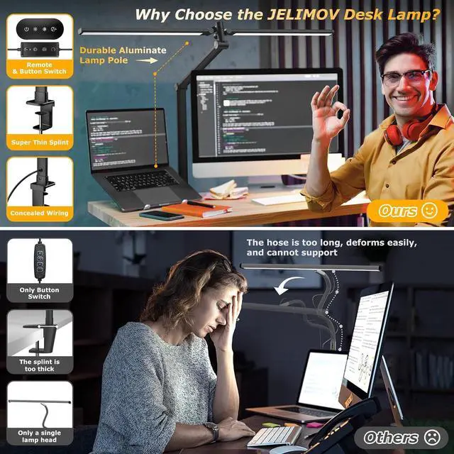 Alt view image 4 of 7 - LED Desk Lamp for Home Office, Eye Caring Architect Desk Light with Remote, Dual Screen Computer Monitor Light with Stepless Dimming, Stepless Color Temp, Memory Function for Study, Workbench Black