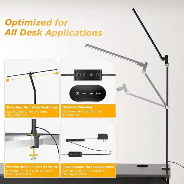 Alt view image 5 of 7 - LED Desk Lamp for Home Office, Eye Caring Architect Desk Light with Remote, Dual Screen Computer Monitor Light with Stepless Dimming, Stepless Color Temp, Memory Function for Study, Workbench Black