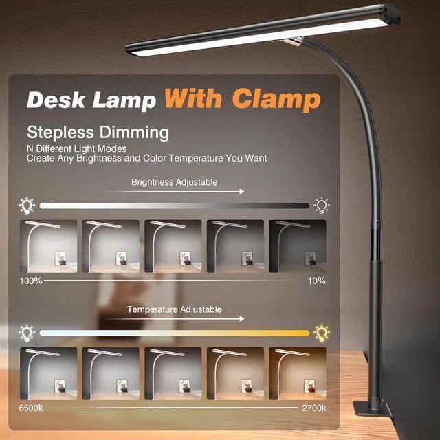 Alt view image 2 of 7 - LED Desk Lamp for Office Home, Eye-Caring Desk Light with Stepless Dimming Adjustable Flexible Gooseneck, 10W USB Adapter Desk Lamp with Clamp for Reading, Study, Workbench (Black)
