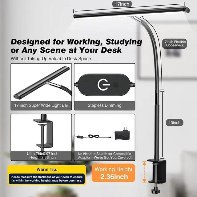 Alt view image 3 of 7 - LED Desk Lamp for Office Home, Eye-Caring Desk Light with Stepless Dimming Adjustable Flexible Gooseneck, 10W USB Adapter Desk Lamp with Clamp for Reading, Study, Workbench (Black)