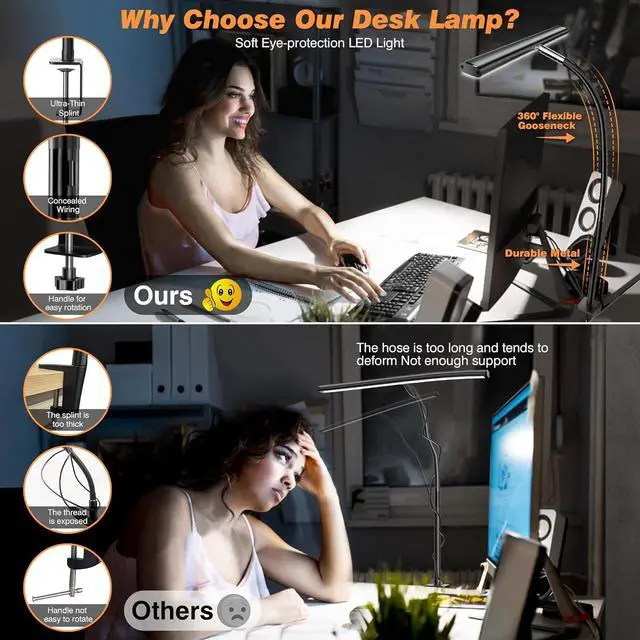 Alt view image 4 of 7 - LED Desk Lamp for Office Home, Eye-Caring Desk Light with Stepless Dimming Adjustable Flexible Gooseneck, 10W USB Adapter Desk Lamp with Clamp for Reading, Study, Workbench (Black)