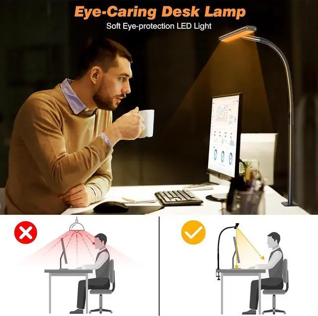 Alt view image 6 of 7 - LED Desk Lamp for Office Home, Eye-Caring Desk Light with Stepless Dimming Adjustable Flexible Gooseneck, 10W USB Adapter Desk Lamp with Clamp for Reading, Study, Workbench (Black)