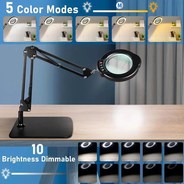 Alt view image 3 of 7 - 10X Magnifying Glass with Light and Stand, LED Desk Lamp with Base and Clamp, 5 Color Mode, 10 Dimmable Levels, Hands Free for Reading Crafts Jewelry Sewing Close Work