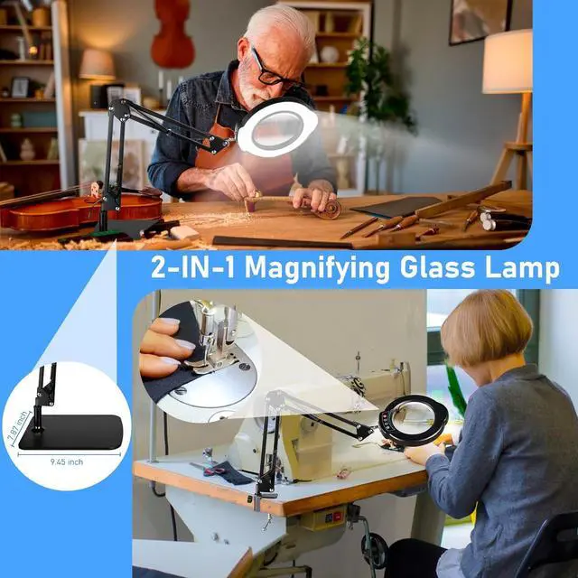 Alt view image 5 of 7 - 10X Magnifying Glass with Light and Stand, LED Desk Lamp with Base and Clamp, 5 Color Mode, 10 Dimmable Levels, Hands Free for Reading Crafts Jewelry Sewing Close Work