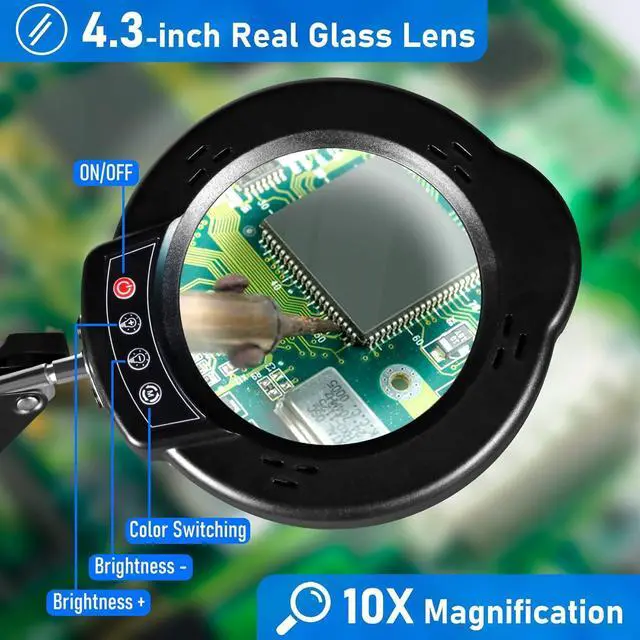 Alt view image 6 of 7 - 10X Magnifying Glass with Light and Stand, LED Desk Lamp with Base and Clamp, 5 Color Mode, 10 Dimmable Levels, Hands Free for Reading Crafts Jewelry Sewing Close Work