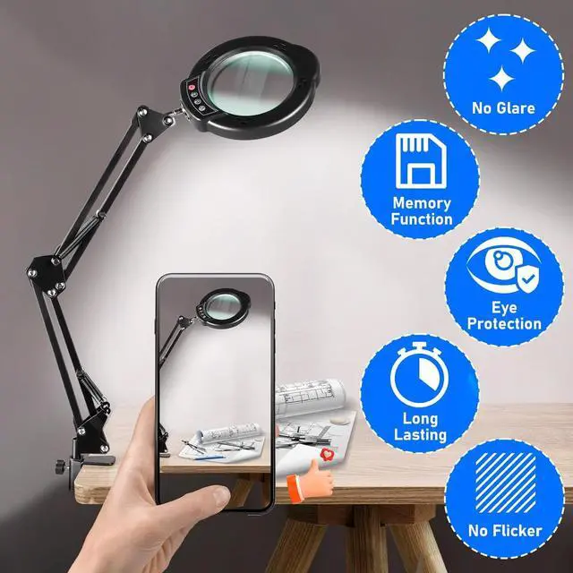 Alt view image 7 of 7 - 10X Magnifying Glass with Light and Stand, LED Desk Lamp with Base and Clamp, 5 Color Mode, 10 Dimmable Levels, Hands Free for Reading Crafts Jewelry Sewing Close Work