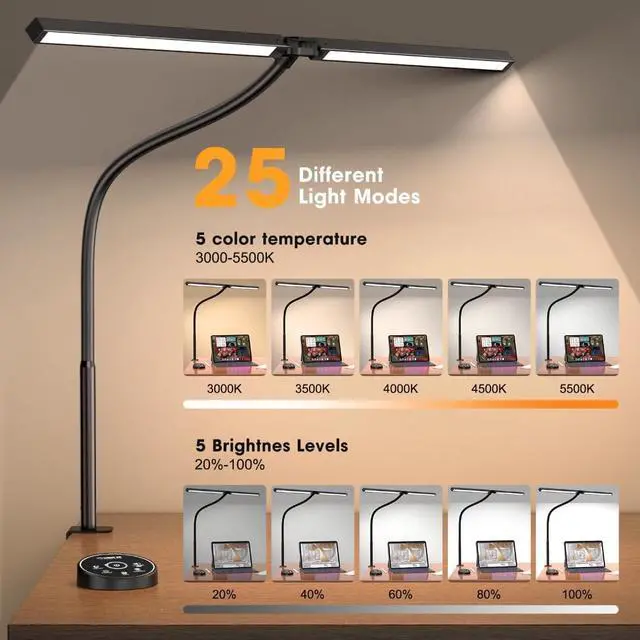 Alt view image 3 of 7 - Led Desk Lamp for Office Home - Eye Caring Architect lamp with Clamp,Dual Screen Computer Monitor Gooseneck Smart Light: 24W 5 Color Flexible Adjustable Lighting Table Lamp for Study Drafting