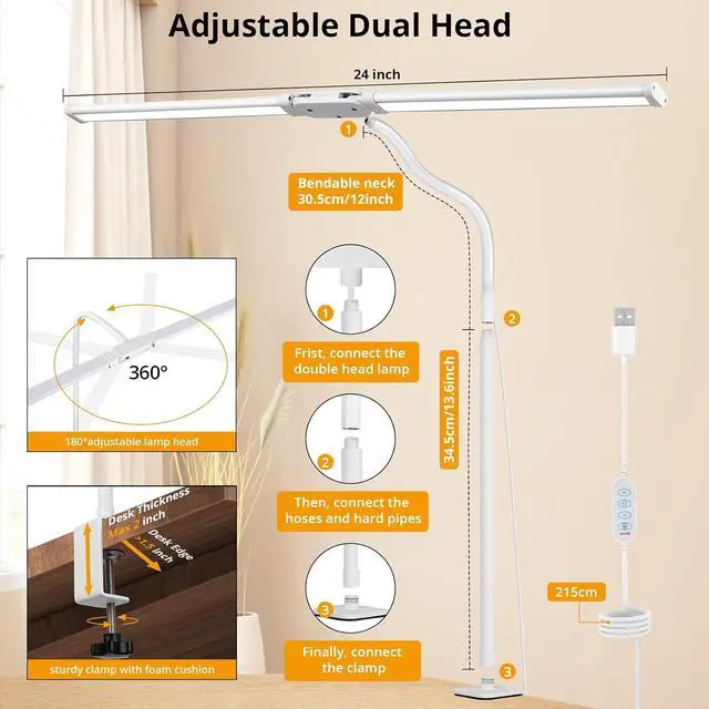 Alt view image 2 of 6 - Desk Lamp with Clamp, with 5V 2A Adapter, LED Desk Lamp with Dual Head, 50 Light Modes, Computer Monitor Flexible Gooseneck Lamp, Eye Protection Desk Lamps for Study, Office, Crafts, Draw(White)
