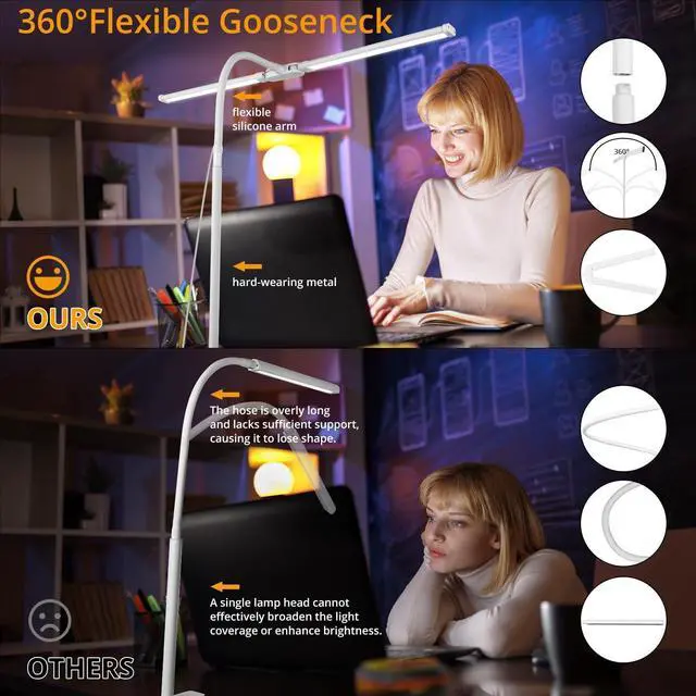 Alt view image 4 of 6 - Desk Lamp with Clamp, with 5V 2A Adapter, LED Desk Lamp with Dual Head, 50 Light Modes, Computer Monitor Flexible Gooseneck Lamp, Eye Protection Desk Lamps for Study, Office, Crafts, Draw(White)