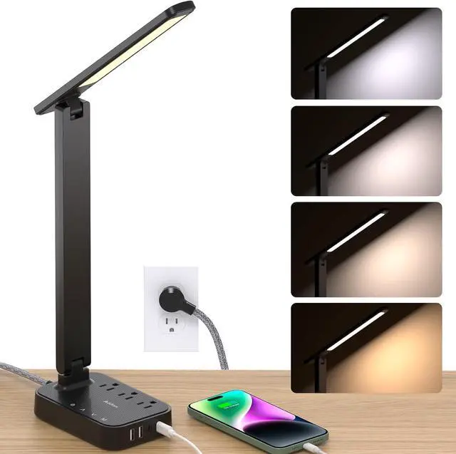 Main image of Addtam LED Desk Lamp, Power Strip with 3 Outlets 4 USB Charging Ports(2 USBC), 4 Modes 5 Level Brightness Touch Lamp, Small Desk Lamp for Home Office College Dorm Room Essentials