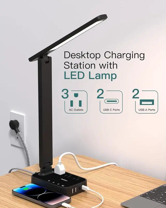 Alt view image 2 of 7 - Addtam LED Desk Lamp, Power Strip with 3 Outlets 4 USB Charging Ports(2 USBC), 4 Modes 5 Level Brightness Touch Lamp, Small Desk Lamp for Home Office College Dorm Room Essentials