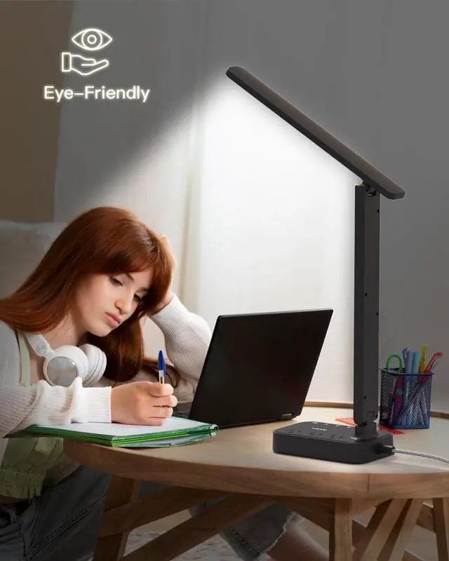 Alt view image 5 of 7 - Addtam LED Desk Lamp, Power Strip with 3 Outlets 4 USB Charging Ports(2 USBC), 4 Modes 5 Level Brightness Touch Lamp, Small Desk Lamp for Home Office College Dorm Room Essentials