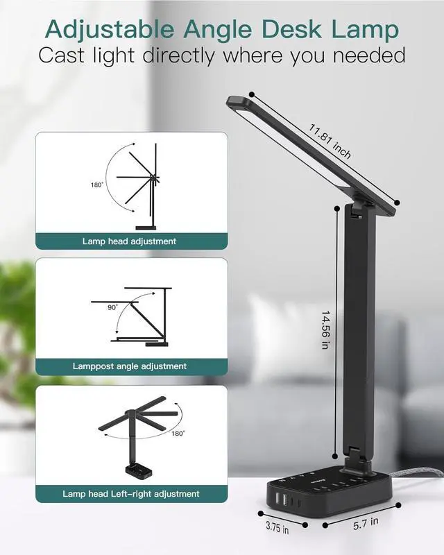 Alt view image 4 of 7 - Addtam LED Desk Lamp, Power Strip with 3 Outlets 4 USB Charging Ports(2 USBC), 4 Modes 5 Level Brightness Touch Lamp, Small Desk Lamp for Home Office College Dorm Room Essentials