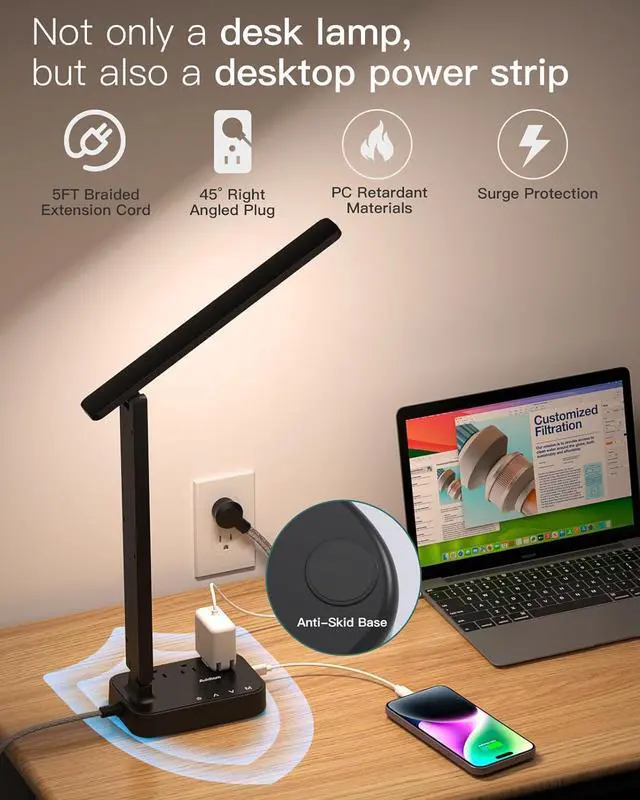 Alt view image 6 of 7 - Addtam LED Desk Lamp, Power Strip with 3 Outlets 4 USB Charging Ports(2 USBC), 4 Modes 5 Level Brightness Touch Lamp, Small Desk Lamp for Home Office College Dorm Room Essentials
