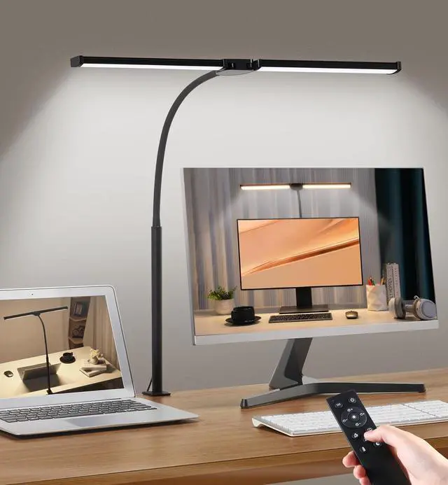 Main image of Led Desk Lamp for Home Office, Eye-Care Architect Light with Clamp, Smart Double Head Computer Monitor Table Clip Lamp, Adjustable Flexible Gooseneck, 25 Lighting Models, Task Lamp, Black