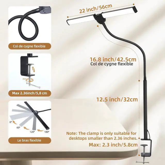 Alt view image 2 of 6 - Led Desk Lamp for Home Office, Eye-Care Architect Light with Clamp, Smart Double Head Computer Monitor Table Clip Lamp, Adjustable Flexible Gooseneck, 25 Lighting Models, Task Lamp, Black
