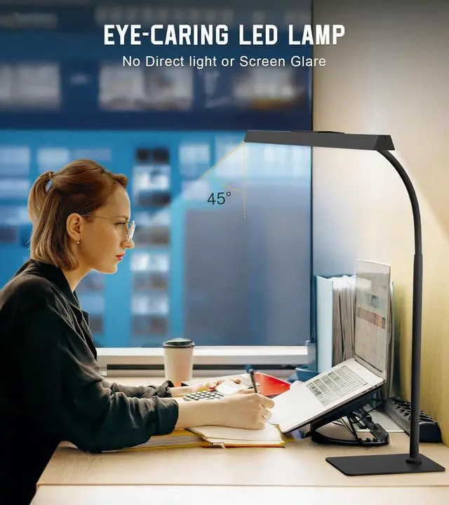 Alt view image 3 of 7 - LED Desk Lamp for Home Office with Base, Eye-Caring Architect Task Light with Adjustable Gooseneck 12W USB Adapter Touch Control 5 Dimmable Brightness & Color Tall Lamp for Work,Reading,Craft