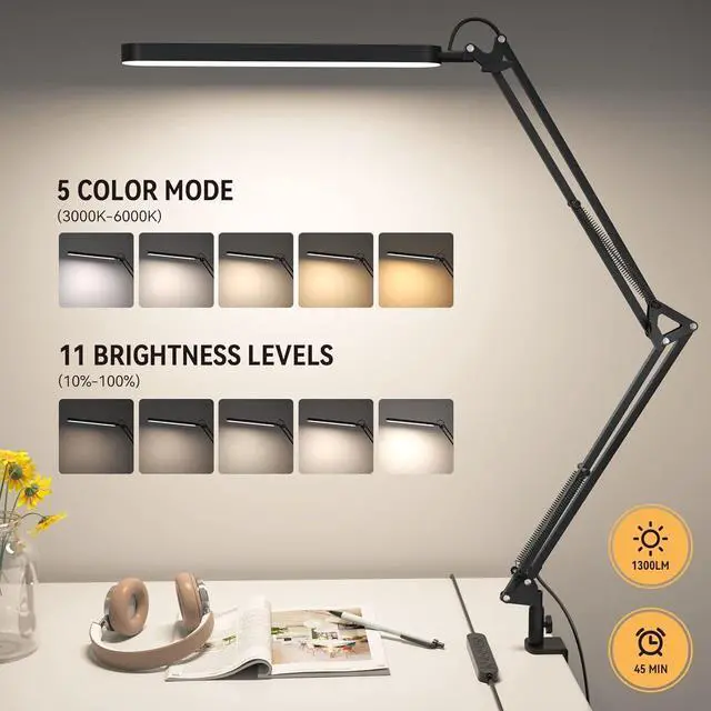 Alt view image 2 of 7 - SKYLEO Led Desk Lamp - Desk Light for 31.5" Tall - 5 Color Modes X 11 Brightness Levels - Adjustable Swing Arm - Timmer & Memory Function - 12W Lamp for Desk - Black