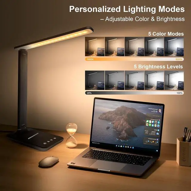 Alt view image 3 of 7 - LED Desk Lamp for Office Home, Bright Desk Light with USB Charging Port, Adjustable Dimmable Desk Lamps 5 Modes 5 Brightness, Touch Study Lamp for Nail, Craft, Puzzle, Sewing, Study, Black