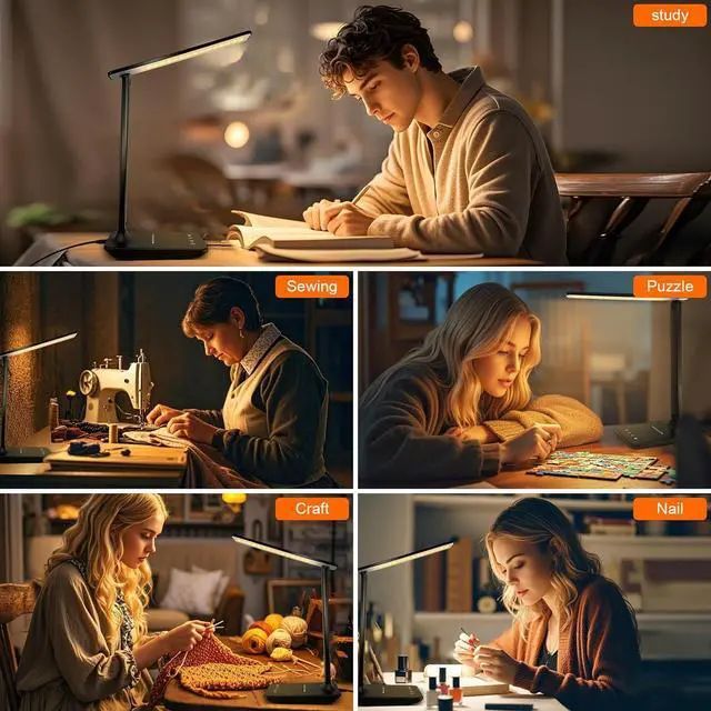 Alt view image 7 of 7 - LED Desk Lamp for Office Home, Bright Desk Light with USB Charging Port, Adjustable Dimmable Desk Lamps 5 Modes 5 Brightness, Touch Study Lamp for Nail, Craft, Puzzle, Sewing, Study, Black