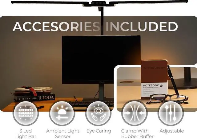 Alt view image 2 of 7 - LED Desk Lamp, Anti Eyestrain with Blue Light Blocking Glasses Included, 3000K-6500K with Clamp, Architect Style Swing Arm, Wide Monitor Computer Light for Home Office Gift