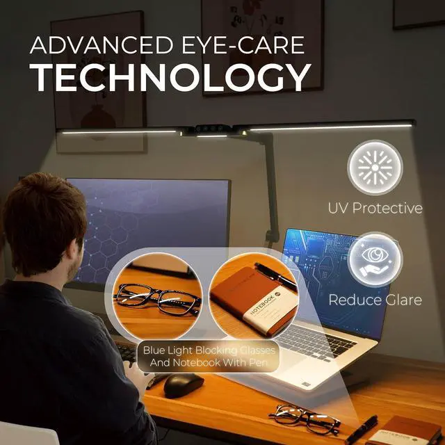 Alt view image 3 of 7 - LED Desk Lamp, Anti Eyestrain with Blue Light Blocking Glasses Included, 3000K-6500K with Clamp, Architect Style Swing Arm, Wide Monitor Computer Light for Home Office Gift