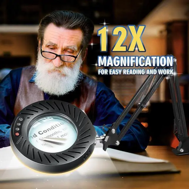 Alt view image 3 of 7 - 12X Magnifying Glass with Light and Stand, 144 LEDs Brightest Desktop Magnifying Lamp, 10 Dimmable Brightness 5 Color Modes, Hands Free Metal Desk Lamp for Craft Reading Painting Hobby Close Work