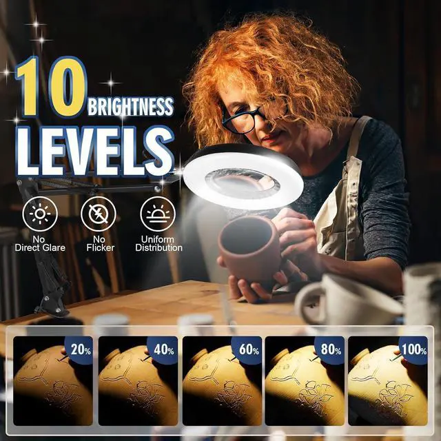 Alt view image 5 of 7 - 12X Magnifying Glass with Light and Stand, 144 LEDs Brightest Desktop Magnifying Lamp, 10 Dimmable Brightness 5 Color Modes, Hands Free Metal Desk Lamp for Craft Reading Painting Hobby Close Work